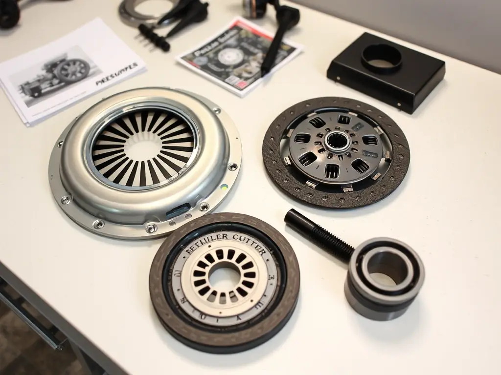 A clutch kit for manual transmission, neatly arranged to showcase the pressure plate, clutch disc, and release bearing, emphasizing the complete solution for smooth and reliable clutch replacement.