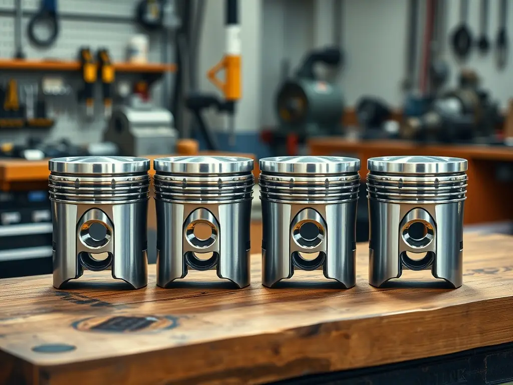A high-performance piston set gleaming under workshop lights, showcasing its precision engineering and durable construction, designed to improve engine compression and power output.