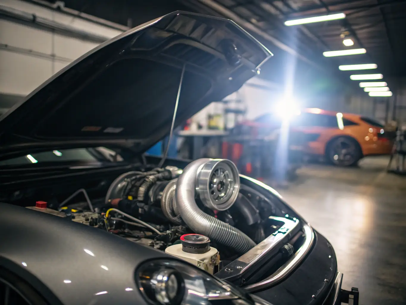 A turbocharger kit displayed with its components, including the turbocharger, intercooler, and piping, highlighting the complete system designed to boost engine power and torque.